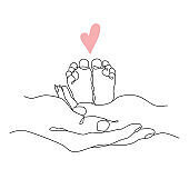 Vector one line art illustrations of a new born baby heels and mother holding a new born baby. Lineart family portret. One line hand with heart